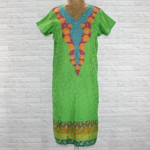 HANDMADE Kurta Green Floral Stripe Tunic Dress Embroidered Top Summer Colorful